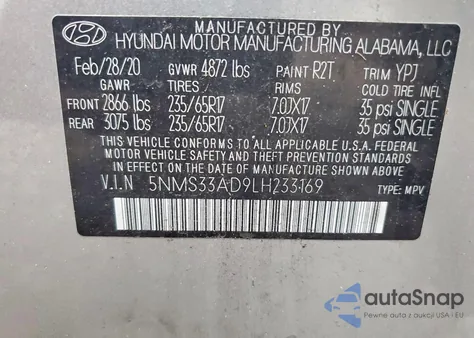 2020 Hyundai Santa Fe Sel z USA, uszkodzony, nr VIN 5NMS33AD9LH233169